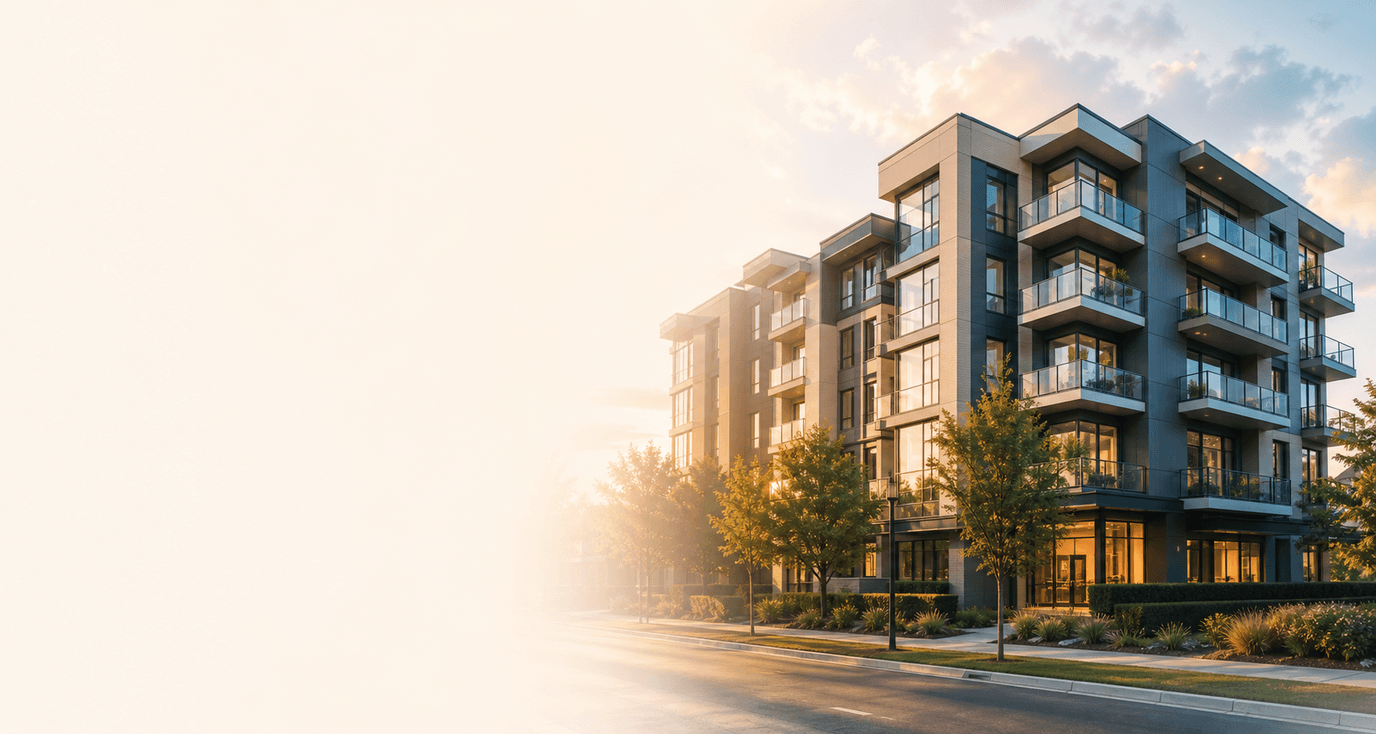 Warm evening multifamily property scene used behind the Sentus homepage workflow visibility board.