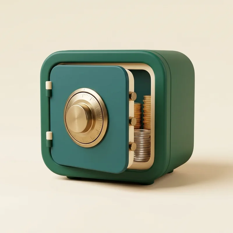3D render of a deep forest safe with a brass dial representing portfolio financial truth