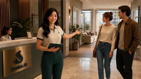 A Sentus leasing specialist guiding a prospective couple through a managed lobby