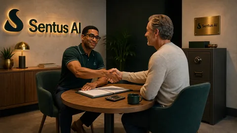 A Sentus financial analyst shaking hands with an owner over completed statements