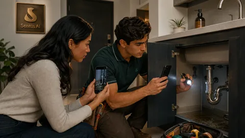 A resident photographing an under-sink leak while a technician inspects it