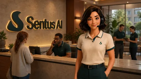 Sophia at the Sentus front desk taking a resident call while the team works behind her
