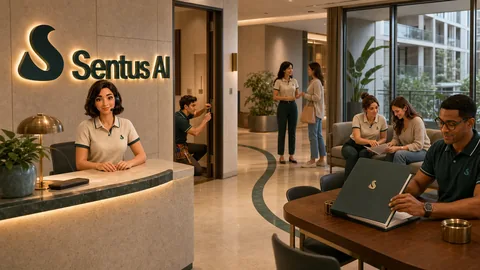 The Sentus team handing off work across the lobby, each step on one shared record