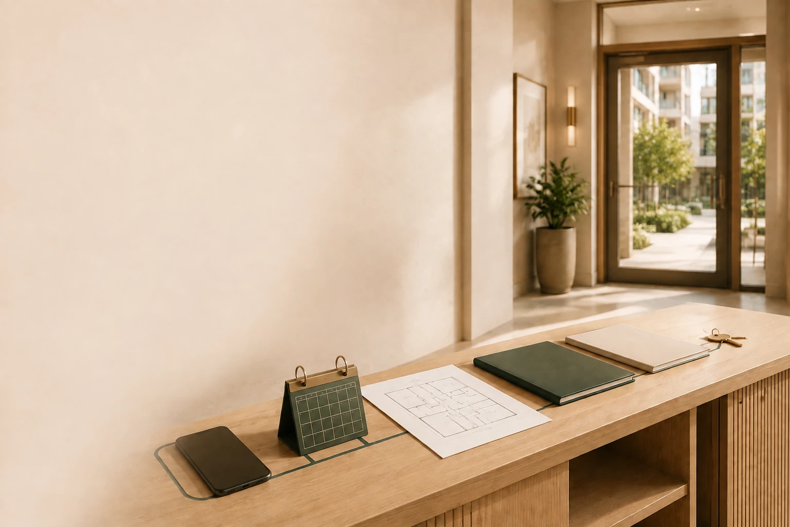 Illustrative apartment leasing lobby with a phone, appointment calendar, floor plan, application folder, lease folder, and keys connected by a teal path.