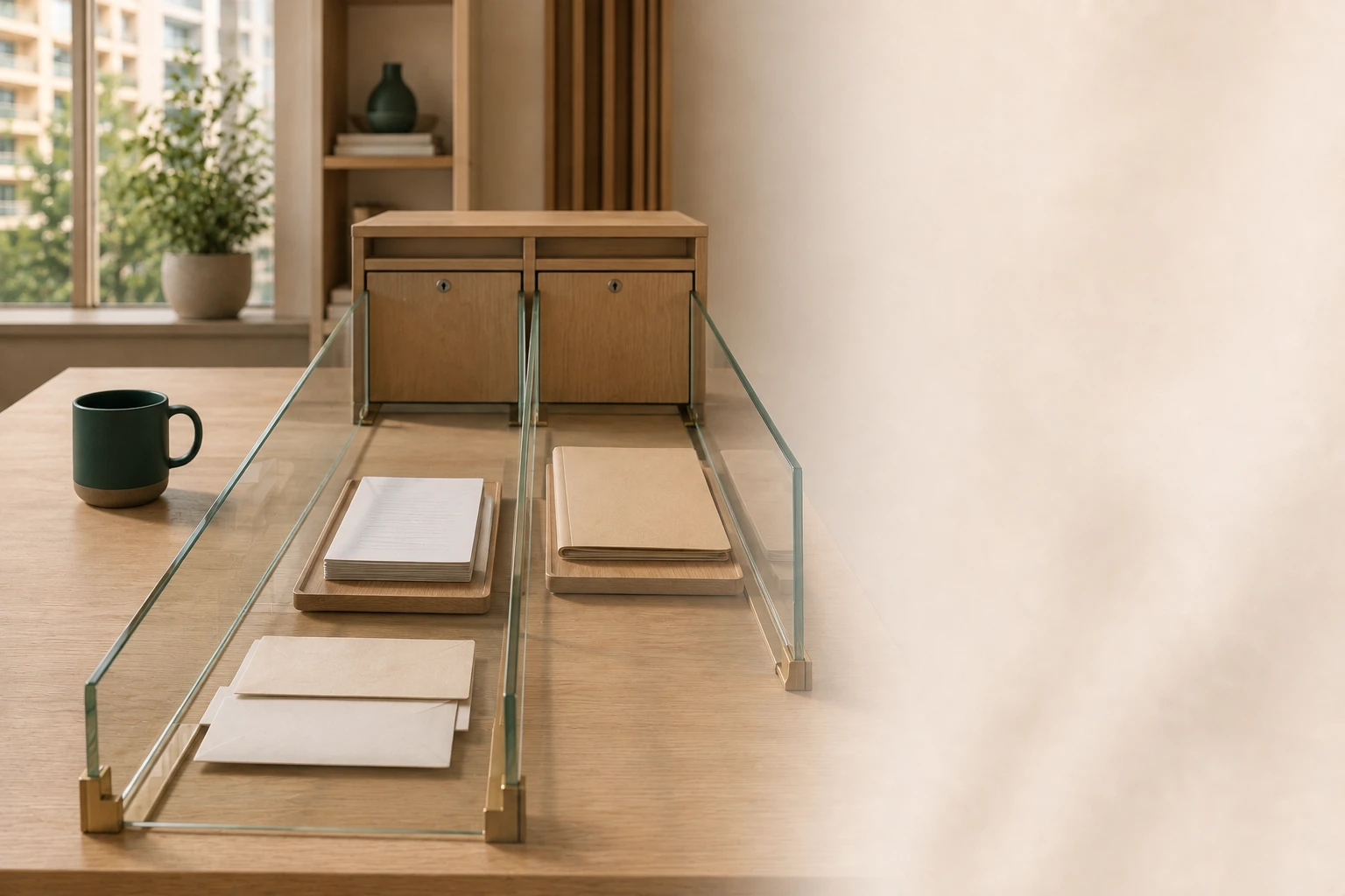 Illustrative bright property office with two separate glass record channels feeding distinct drawers in one brass and deep-teal financial cabinet.